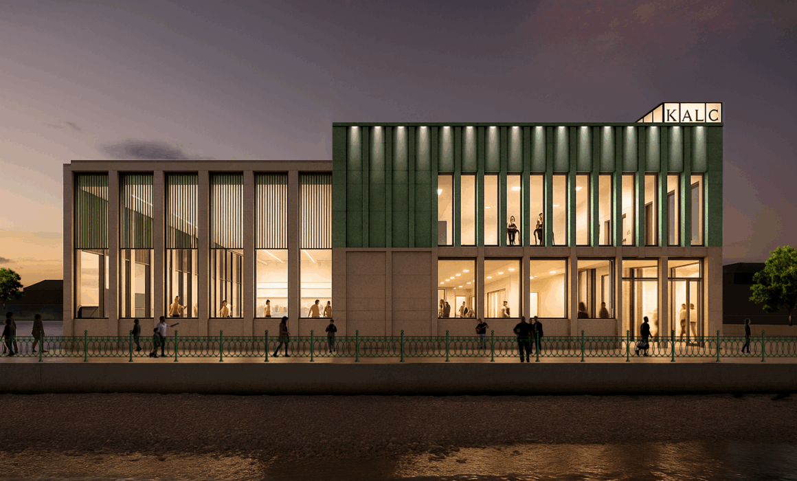 A computer generated image of the south side of the potential King Alfred Leisure Centre. A waterside building with floor to ceiling windows and people inside and out.