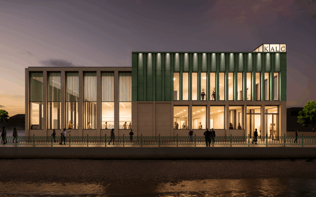 A computer generated image of the south side of the potential King Alfred Leisure Centre. A waterside building with floor to ceiling windows and people inside and out.