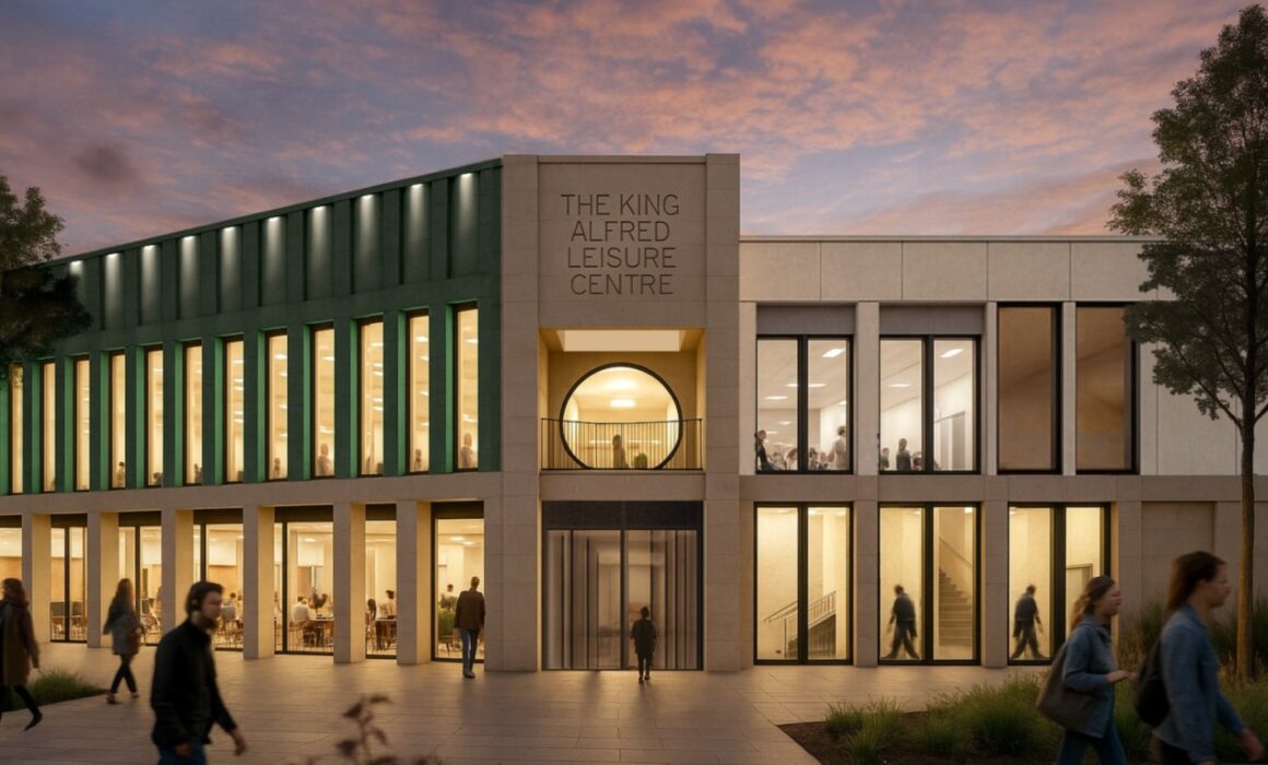 A computer generated view of the East elevation entrance of the proposed King Alfred Leisure Centre. Image of the leisure centre building with people inside and outside.