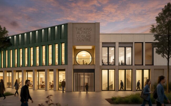 A computer generated view of the East elevation entrance of the proposed King Alfred Leisure Centre. Image of the leisure centre building with people inside and outside.