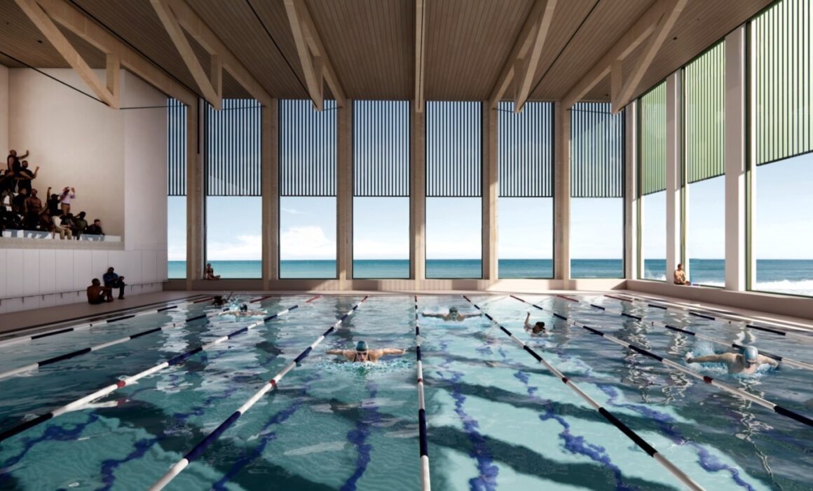 A computer generated image of the swimming pool area with viewing gallery to the left and people swimming in lanes.