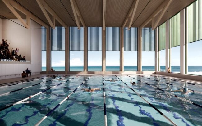 A computer generated image of the swimming pool area with viewing gallery to the left and people swimming in lanes.