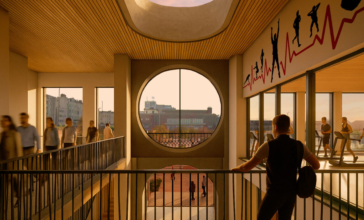 Internal view out of circular window above the front entrance of the proposed King Alfred