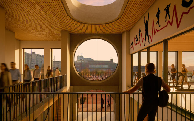 Internal view out of circular window above the front entrance of the proposed King Alfred