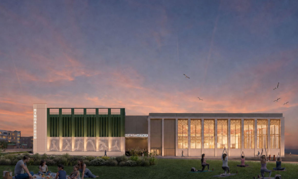 Image of west elevation of new king alfred leisure centre. Peope doing Yoga outside